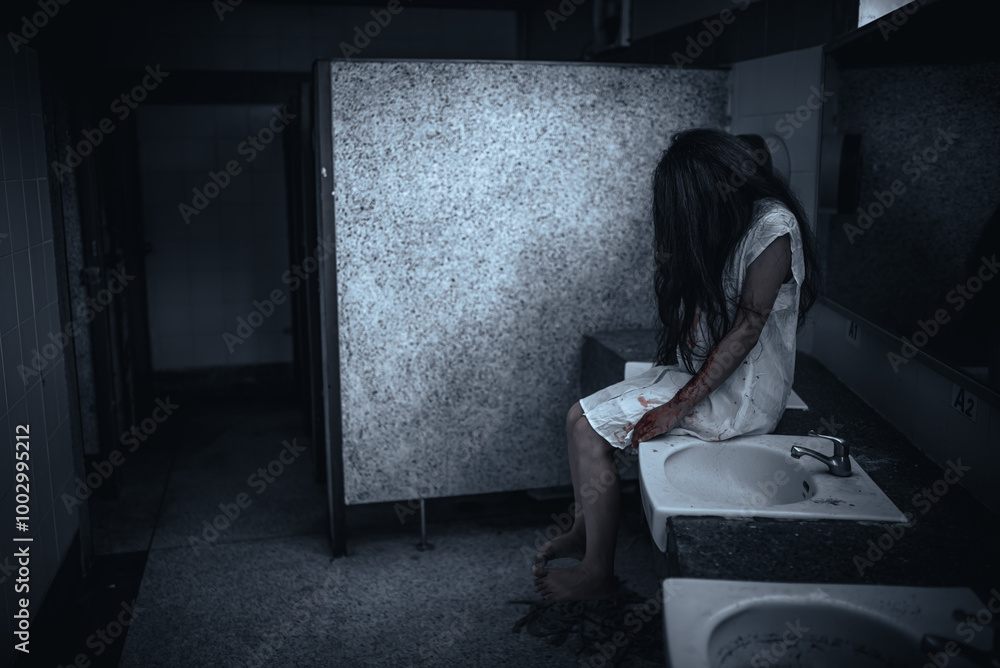 Portrait of asian woman make up ghost face,Horror scene,Scary background,Halloween poster Portrait of asian woman make up ghost face,Horror scene,Scary background,Halloween poster