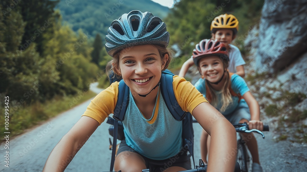 Naklejka premium Happy kids cycling along a scenic mountain road with family, perfect for outdoor adventure, family activities, and youth sports promotions