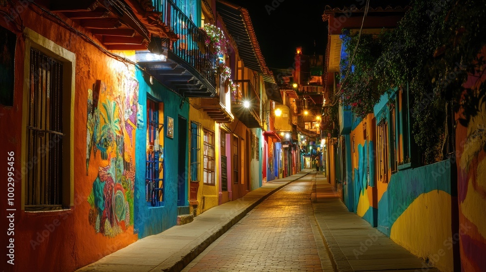 Colorful Night Street in a Latin American Town Colorful Night Street in a Latin American Town