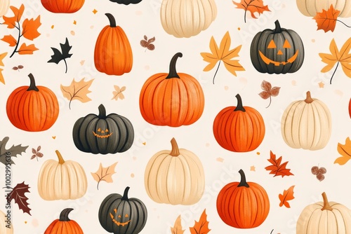 A collection of pumpkins in diverse shapes and vibrant colors, designed as a vector with Thanksgiving and Halloween-themed elements, all bathed in warm, natural light.