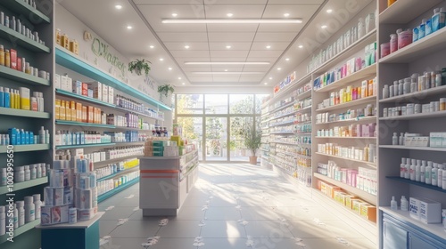 Bright and organized pharmacy interior with a variety of over-the-counter medications