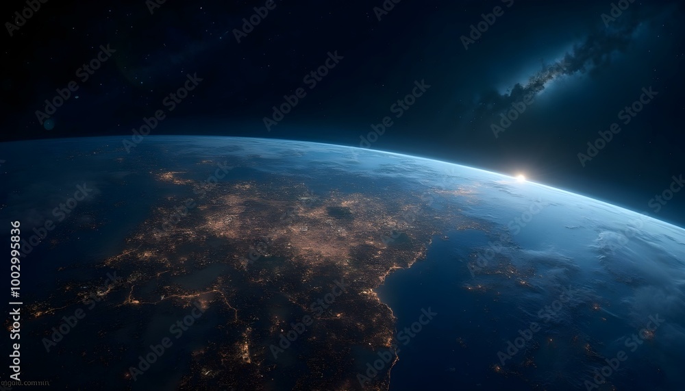 A view of Earth from space at night, with the planet's surface illuminated by city lights and a glowing atmosphere against a starry night sky A view of Earth from space at night, with the planet's surface illuminated by city lights and a glowing atmosphere against a starry night sky