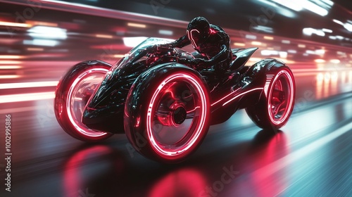 Futuristic motorbike with red glowing wheels speeding through a night city.