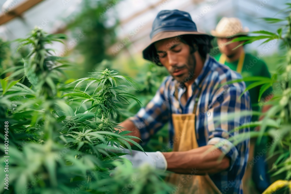 A man is tending to a field of marijuana plants A man is tending to a field of marijuana plants