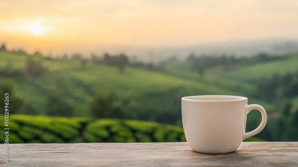 Tea cup in serene nature, overlooking rolling green hills of tea plantations at golden hour Tea cup in serene nature, overlooking rolling green hills of tea plantations at golden hour