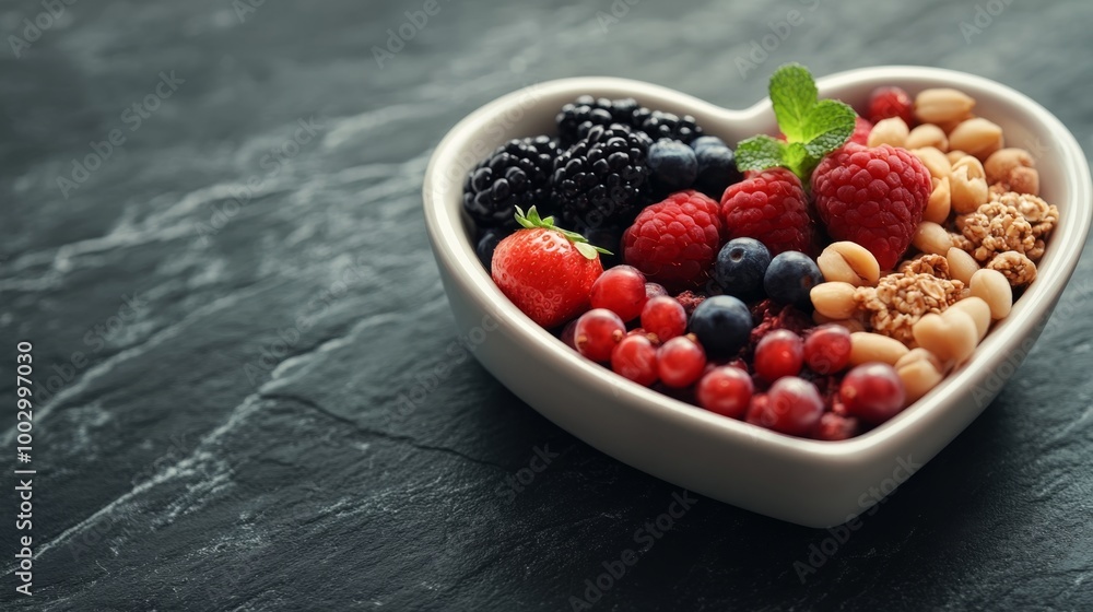 Close-up of a heart-shaped bowl filled with a variety of heart-healthy snacks, symbolizing commitment to a nutritious diet Close-up of a heart-shaped bowl filled with a variety of heart-healthy snacks, symbolizing commitment to a nutritious diet