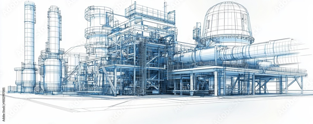 Fototapeta premium Industrial factory blueprint sketch, wireframe rendering, mechanical equipment, precise technical illustration