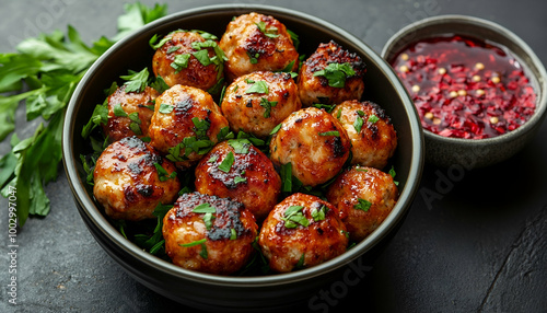 Juicy, golden-brown meatballs glazed to perfection and garnished with fresh herbs, served with a zesty dipping sauce for a burst of flavor