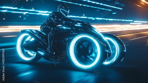 Futuristic motorcycle rider driving at high speed on a glowing road at night.