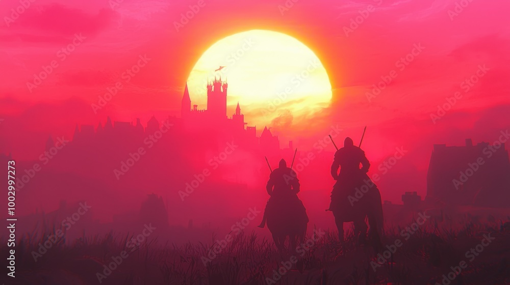 Fototapeta premium Majestic Sunset Silhouettes: Knights Returning Home to the Tranquil Village