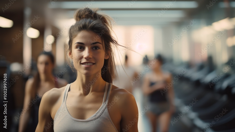 Close up image of attractive fit woman in gym. Neural network ai generated art Close up image of attractive fit woman in gym. Neural network ai generated art