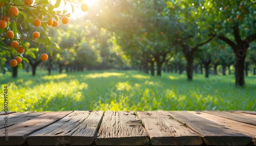 Rustic wooden table showcasing food, perfume, and products amidst a serene farm setting with lush grass, trees, and warm morning sunlight.