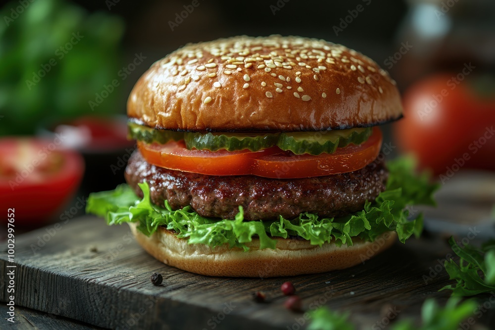 close-up shot of a homemade beef burger with fresh tomatoes and lettuce, perfect for a burger concept banner close-up shot of a homemade beef burger with fresh tomatoes and lettuce, perfect for a burger concept banner