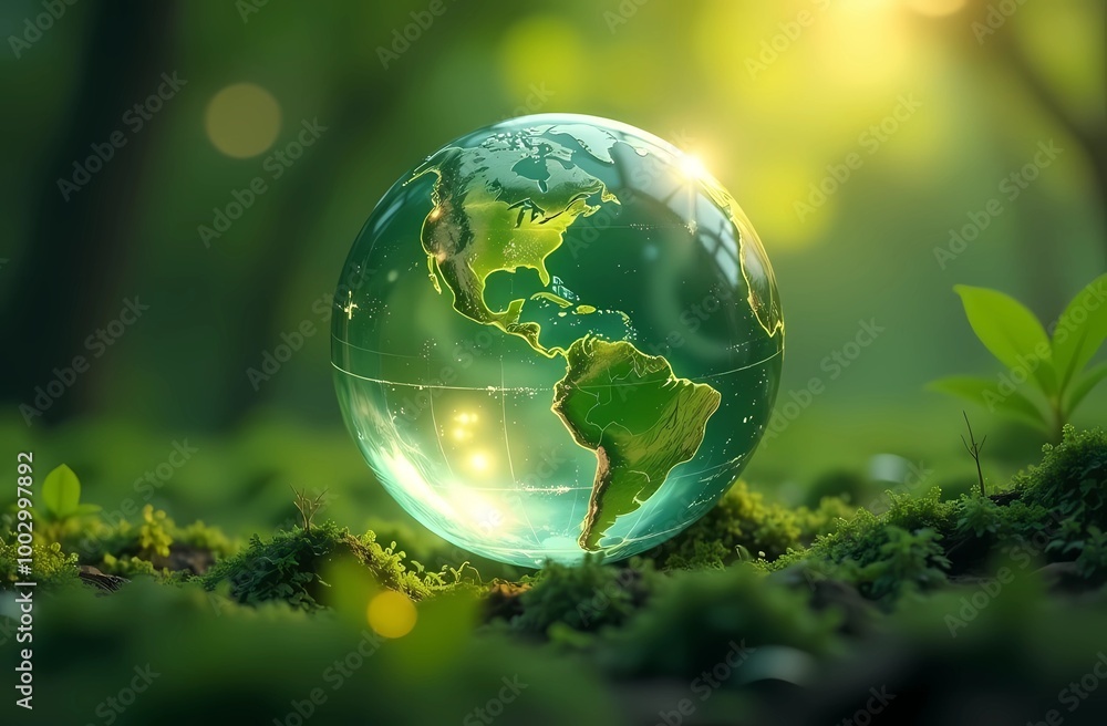 Earth Day card with glowing glass planets on green natural background, ecologist concept Earth Day card with glowing glass planets on green natural background, ecologist concept