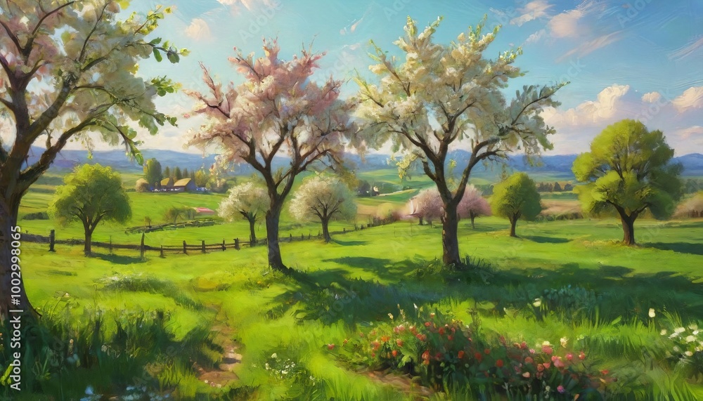 Fototapeta premium A vibrant spring farm landscape with blooming fruit trees and lush green fields, capturing the essence of renewal and the promise of harvest, Generative AI