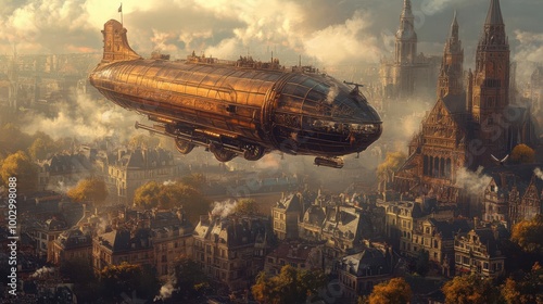 Retro airship over Victorian city, steampunk, earth tones, detailed illustration