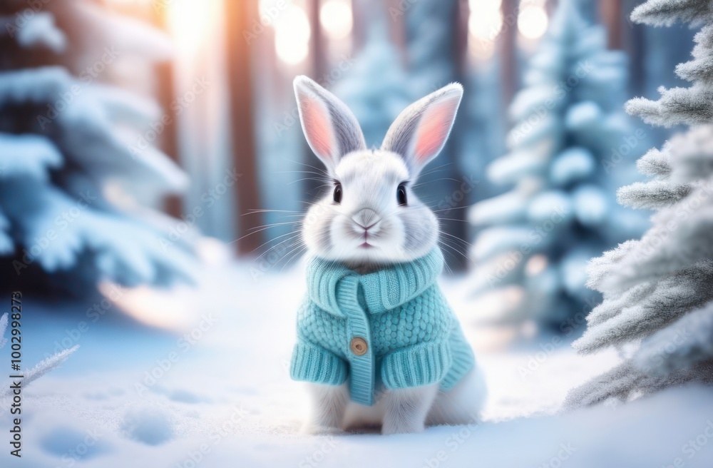 A cute bunny wearing a cozy pink hoodie, sitting in a serene snowy forest. A cute bunny wearing a cozy pink hoodie, sitting in a serene snowy forest.