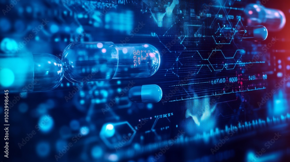 Fototapeta premium Digital background of pharmaceutical concepts with molecule structures and research graphs
