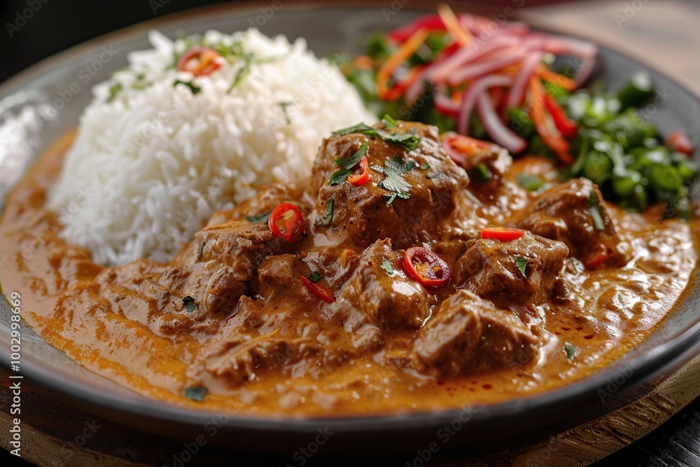 Delicious Beef Curry with Rice and Salad Delicious Beef Curry with Rice and Salad