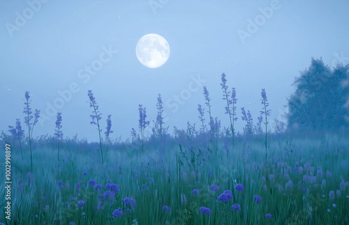 Tranquil countryside scene at night, with fields of wildflowers illuminated by the silvery light of the moon photo