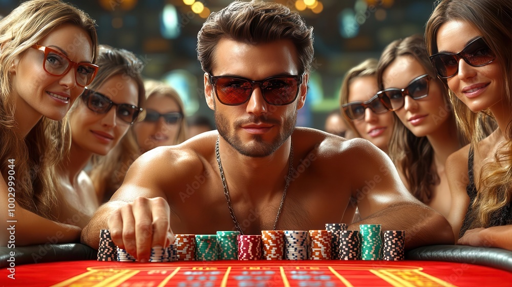 Fototapeta premium A man in sunglasses plays poker surrounded by women