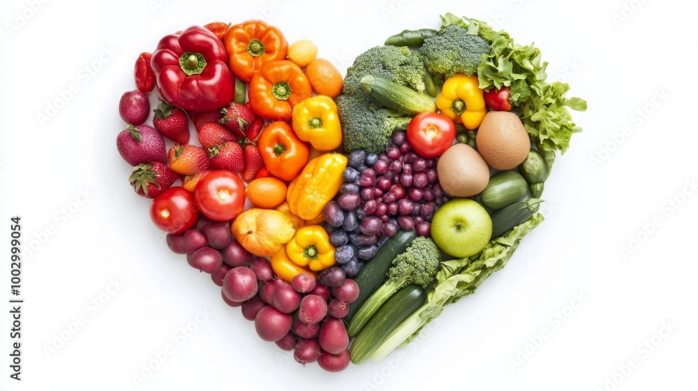 Heart shape created from a collection of colorful fruits and vegetables on a white background, emphasizing nutritious eating