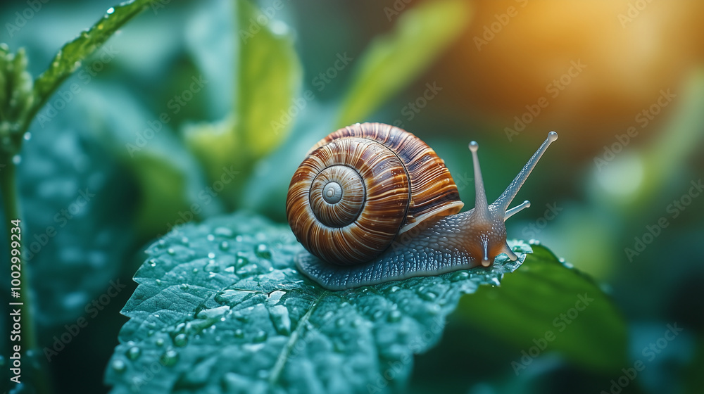 A snail crawling on the leaf of a green plant, close-up photography A snail crawling on the leaf of a green plant, close-up photography