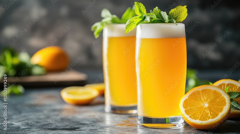 Fototapeta premium Refreshing Orange Mint Beverage in Clear Glasses