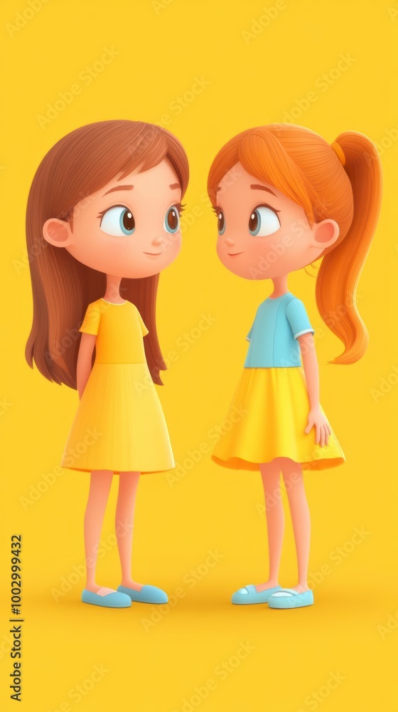 Two cartoon girls with long hair look at each other