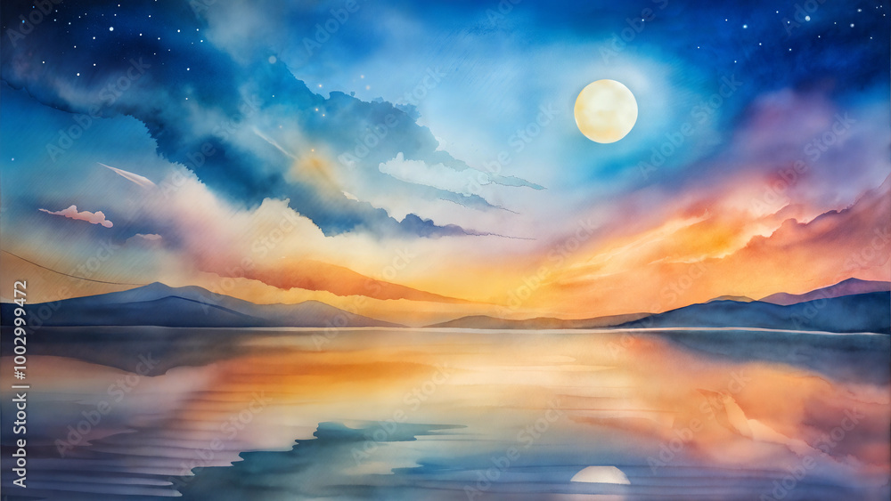 Watercolor Moonrise Over Serene Lake with Starry Sky and Mountains at Dusk Watercolor Moonrise Over Serene Lake with Starry Sky and Mountains at Dusk