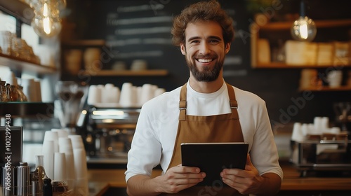 A smiling barista in a brown apron stands in a coffee shop holding a tablet.