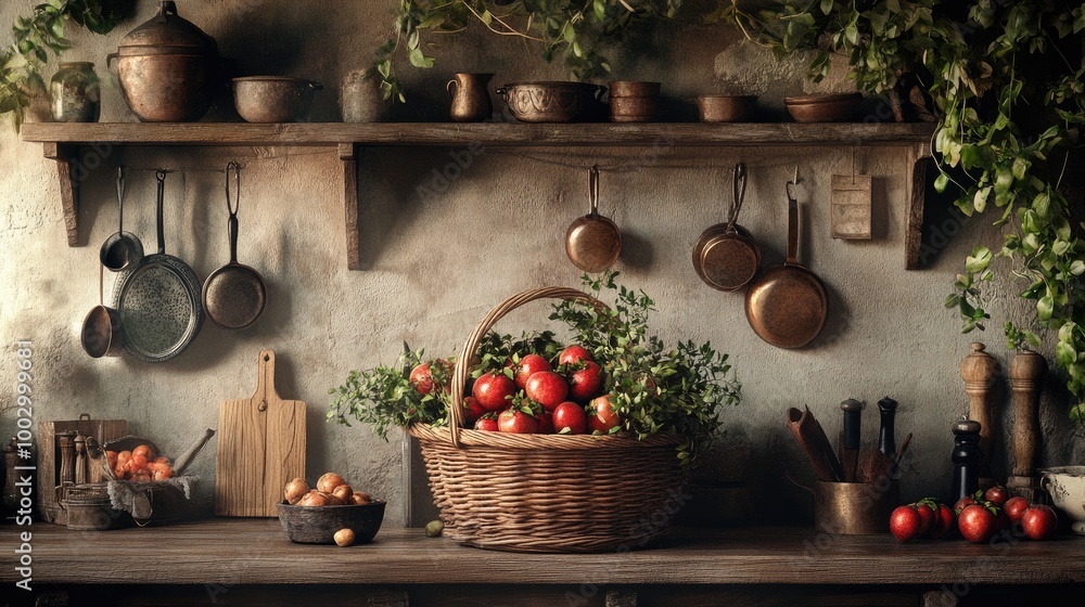 Rustic Kitchen with Fresh Vegetables and Herbs Rustic Kitchen with Fresh Vegetables and Herbs