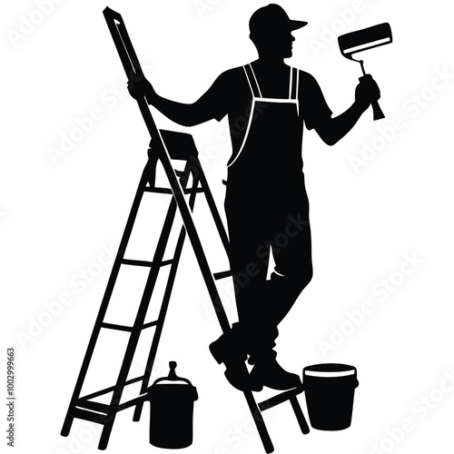 a black silhouette of a man standing on a ladder. He is holding a paint roller in his right hand and appears to be in the process of painting or painting a wall 