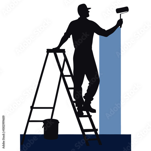 a black silhouette of a man standing on a ladder. He is holding a paint roller in his right hand and appears to be in the process of painting or painting a wall 