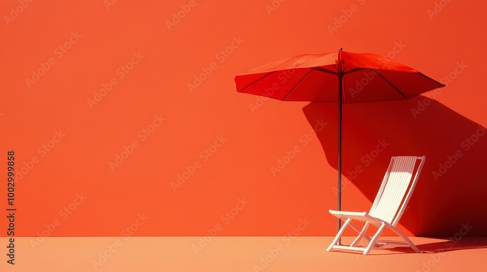 A white lounge chair under a red umbrella casting long shadows A white lounge chair under a red umbrella casting long shadows