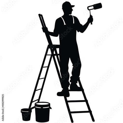 a black silhouette of a man standing on a ladder. He is holding a paint roller in his right hand and appears to be in the process of painting or painting a wall 