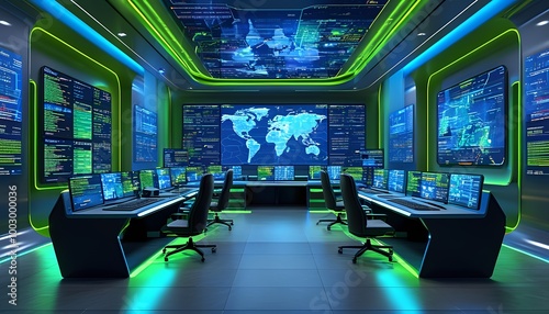 Virtual Command Center with Holographic Screens and Digital Maps