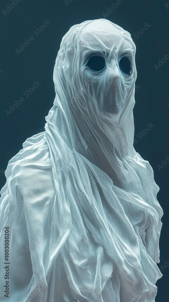 A ghostly figure shrouded in white fabric their eyes peering through A ghostly figure shrouded in white fabric their eyes peering through