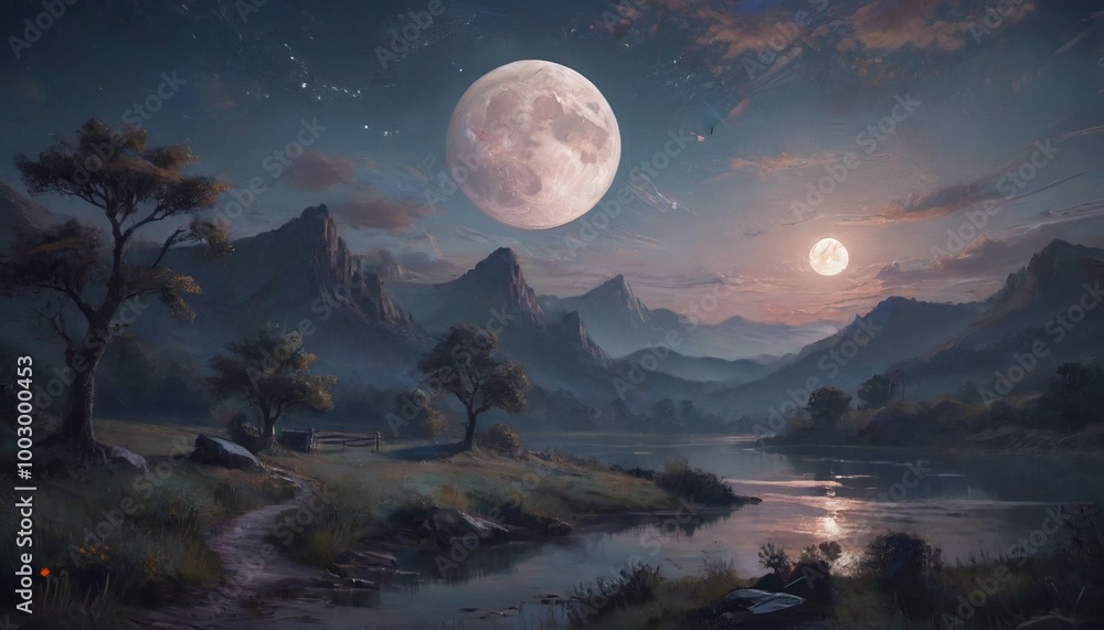 An enchanting landscape under a moonlit sky, where the soft glow of the ...