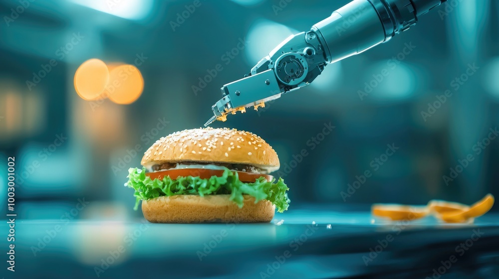 Robot Arm Assembling a Sandwich in Futuristic Kitchen Robot Arm Assembling a Sandwich in Futuristic Kitchen