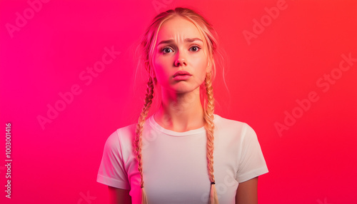 Blonde two braid haired girl, vibrant color fade background, various emotions photo