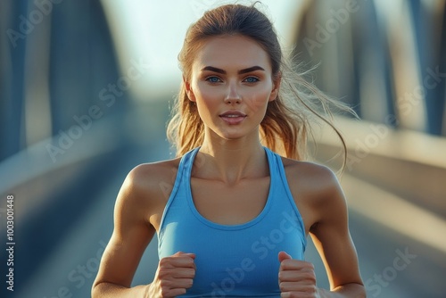 Young woman jogging at city bridge, healthy lifestyle and sport concept, Generative AI