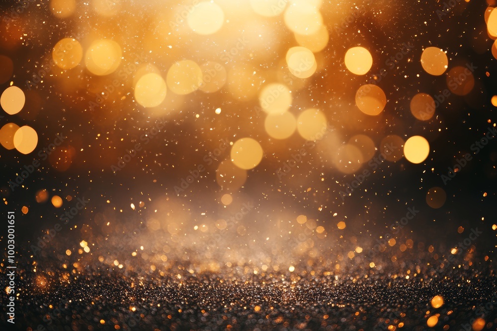 Obraz premium Golden bokeh lights create a magical atmosphere with shimmering particles floating in the air against a dark background