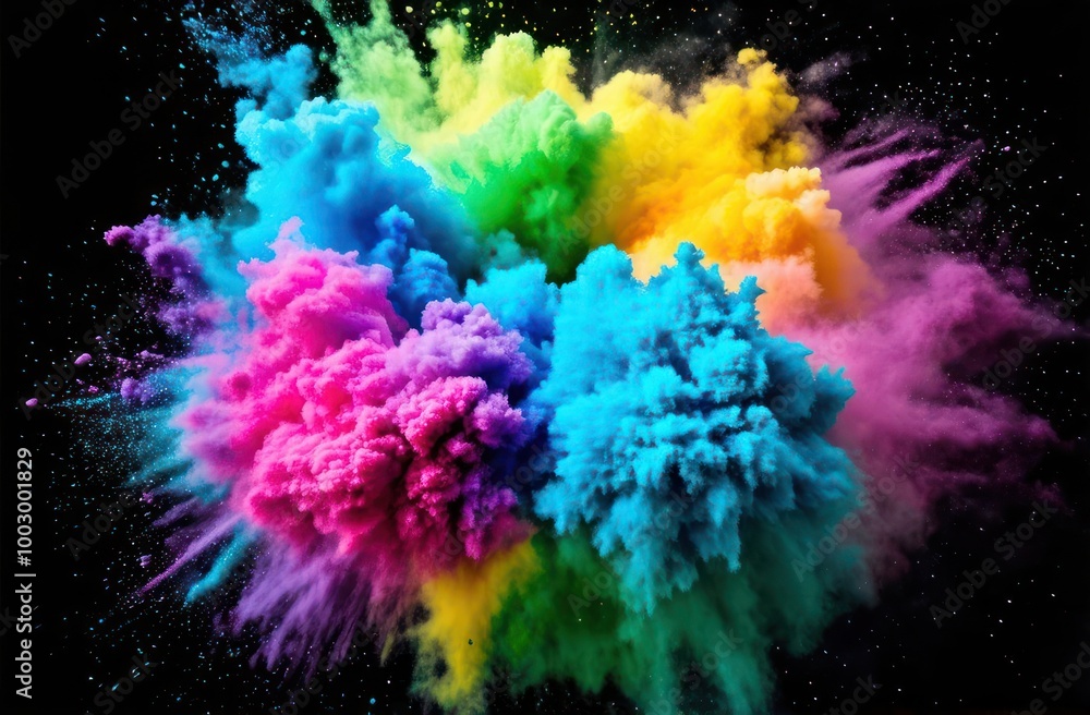 A vibrant explosion of colorful powder against a black background. A vibrant explosion of colorful powder against a black background.
