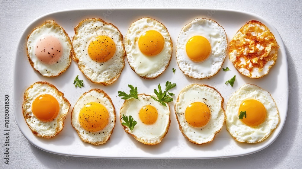Assorted Styles of Fried Eggs on White Plate Assorted Styles of Fried Eggs on White Plate