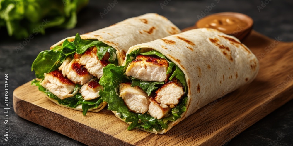 Chicken Caesar Wrap Filled with Romaine, Grilled Chicken, and Dressing on a Wooden Board Chicken Caesar Wrap Filled with Romaine, Grilled Chicken, and Dressing on a Wooden Board