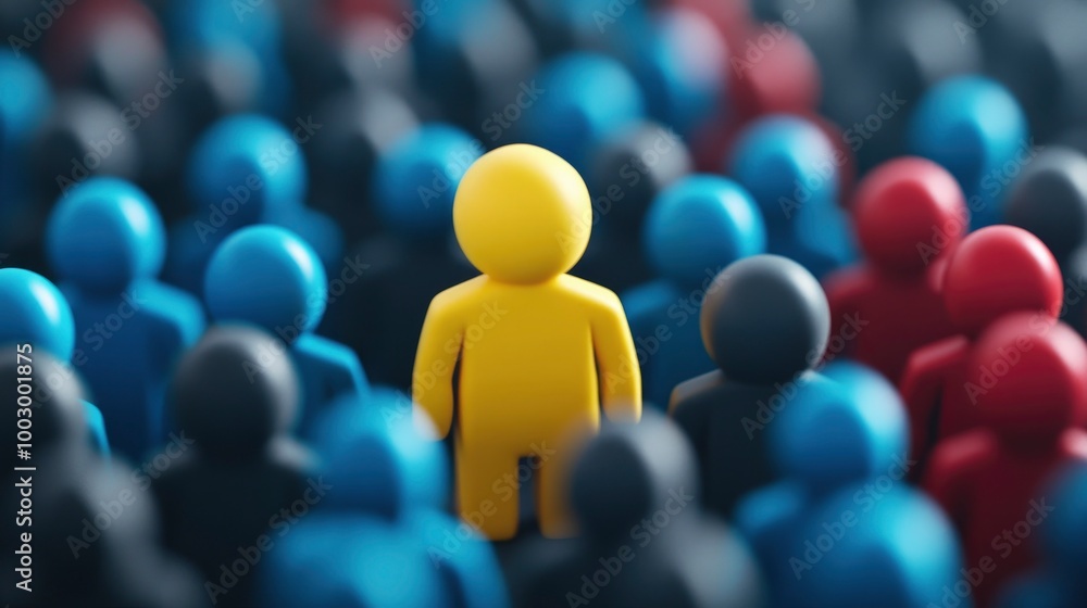 a yellow figure standing out in the crowd, surrounded by blue, black and red figures representing other people, symbolizes being different or standing out among others a yellow figure standing out in the crowd, surrounded by blue, black and red figures representing other people, symbolizes being different or standing out among others