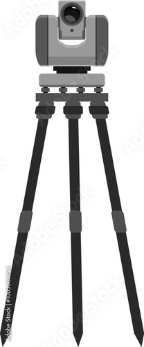 Modern theodolite standing on tripod is used for measuring elevation differences on construction site