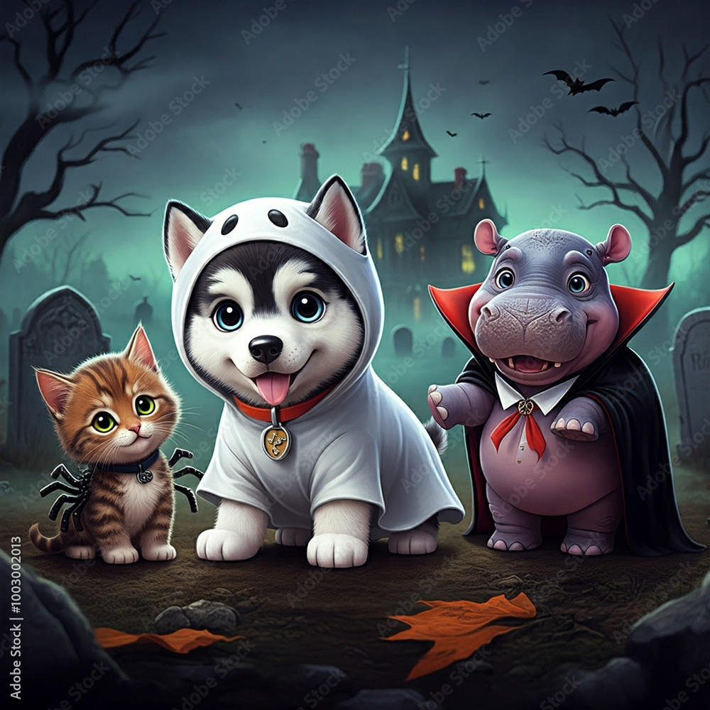 halloween dog with cat, dog and jack o terrier in the cemetery, halloween holiday card, illustration. halloween dog with cat, dog and jack o terrier in the cemetery, halloween holiday card, illustration.