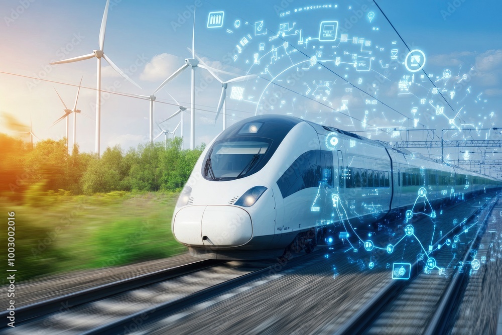Fototapeta premium A high speed train moving through the countryside, with wind turbines in the background, surrounded by digital data streams and green energy icons